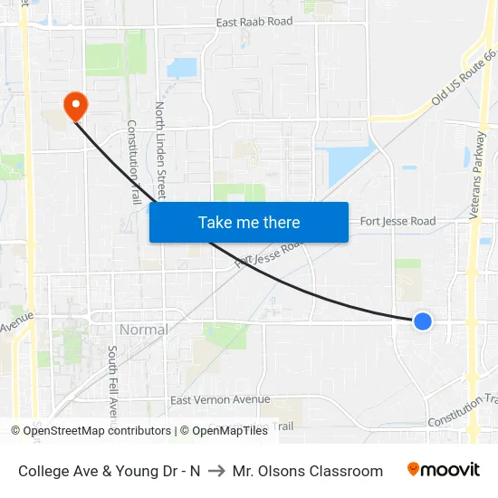 College Ave & Young Dr - N to Mr. Olsons Classroom map