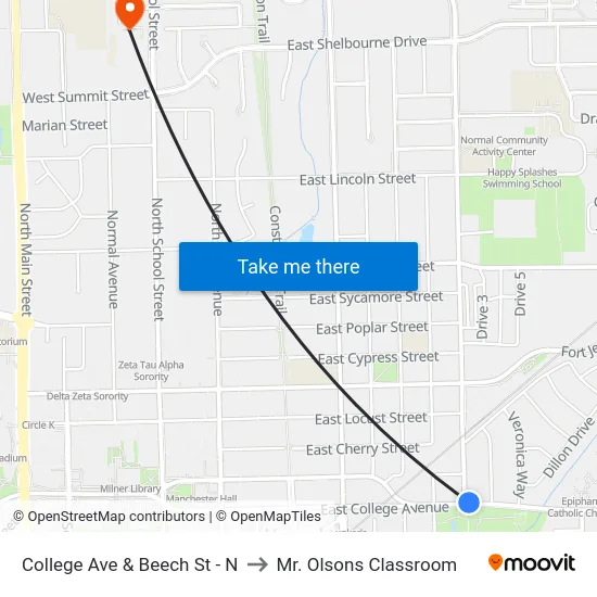 College Ave & Beech St - N to Mr. Olsons Classroom map