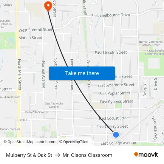Mulberry St & Oak St to Mr. Olsons Classroom map