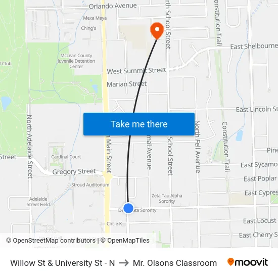 Willow St & University St - N to Mr. Olsons Classroom map