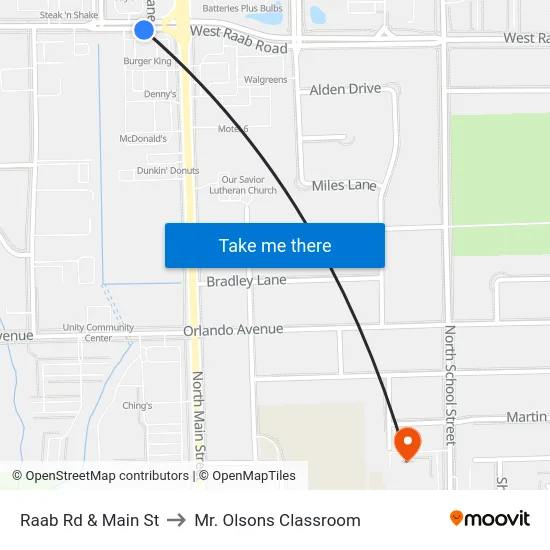 Raab Rd & Main St to Mr. Olsons Classroom map
