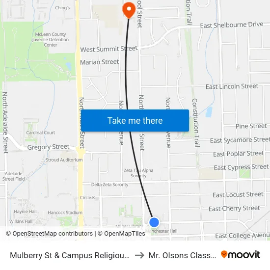 Mulberry St & Campus Religious Center to Mr. Olsons Classroom map