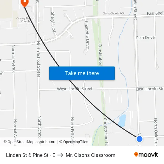 Linden St & Pine St - E to Mr. Olsons Classroom map