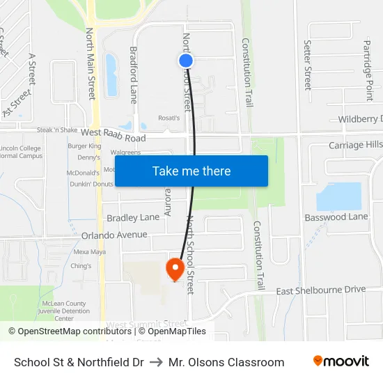 School St & Northfield Dr to Mr. Olsons Classroom map