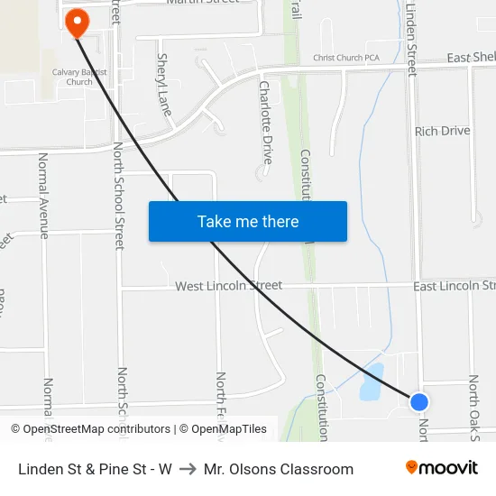 Linden St & Pine St - W to Mr. Olsons Classroom map