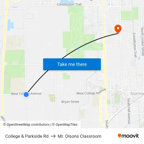 College & Parkside Rd to Mr. Olsons Classroom map