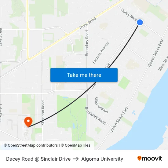 Dacey Road @ Sinclair Drive to Algoma University map