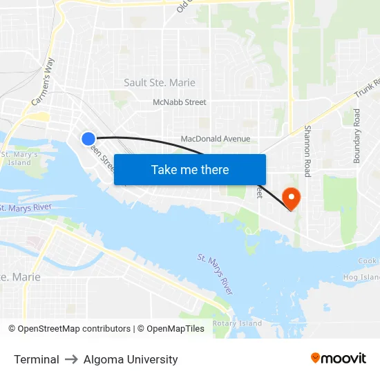 Terminal to Algoma University map