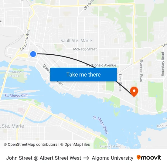John Street @ Albert Street West to Algoma University map