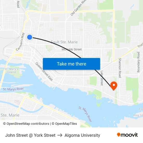 John Street @ York Street to Algoma University map