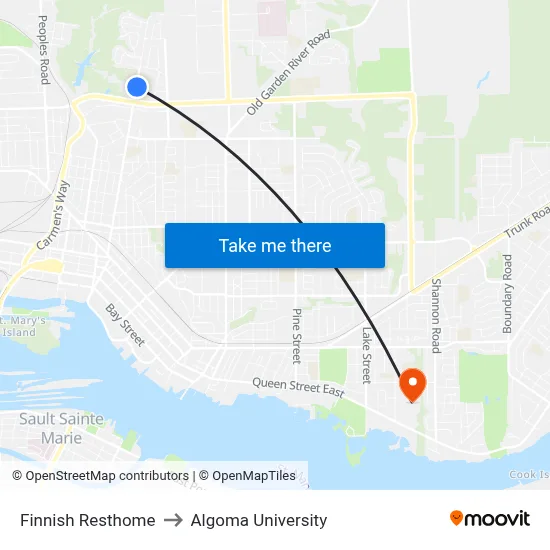 Finnish Resthome to Algoma University map