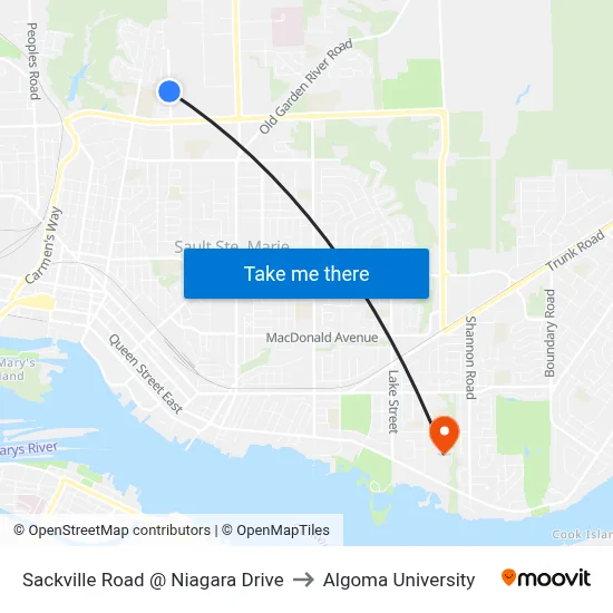 Sackville Road @ Niagara Drive to Algoma University map