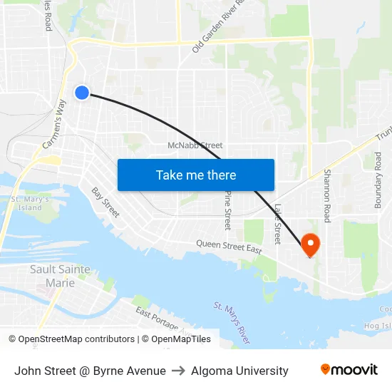 John Street @ Byrne Avenue to Algoma University map