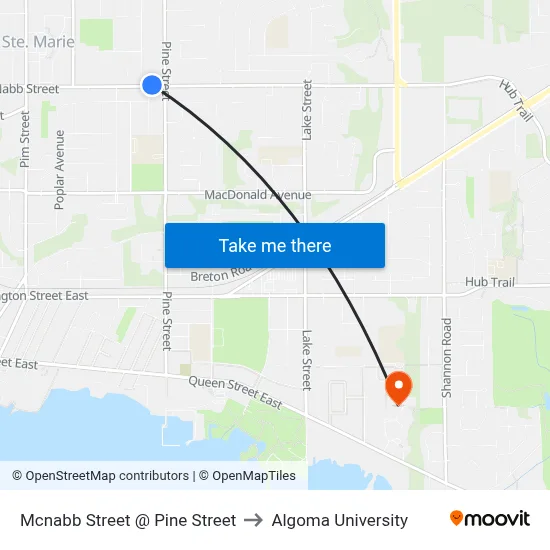 Mcnabb Street @ Pine Street to Algoma University map