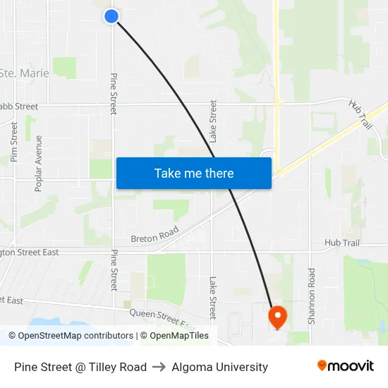 Pine Street @ Tilley Road to Algoma University map