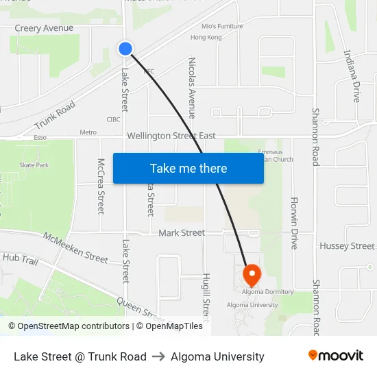 Lake Street @ Trunk Road to Algoma University map