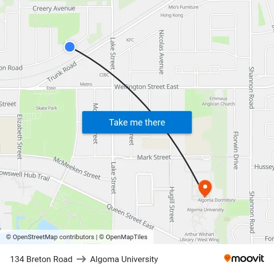 134 Breton Road to Algoma University map