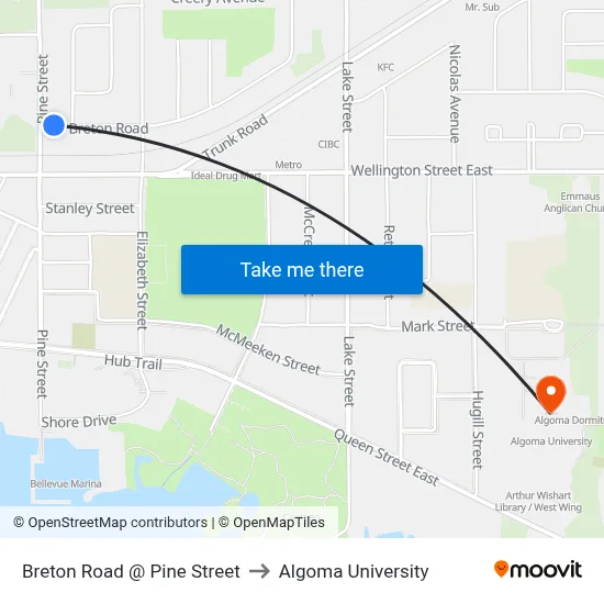Breton Road @ Pine Street to Algoma University map