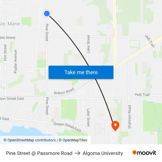 Pine Street @ Passmore Road to Algoma University map