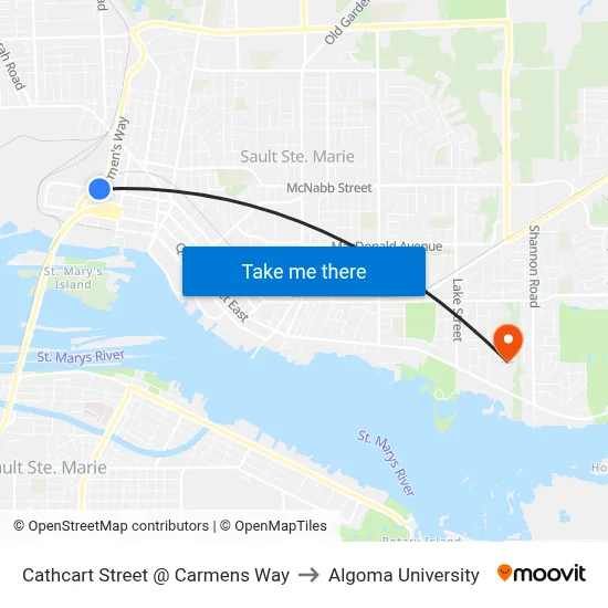 Cathcart Street @ Carmens Way to Algoma University map