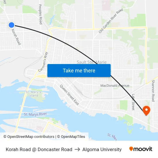 Korah Road @ Doncaster Road to Algoma University map