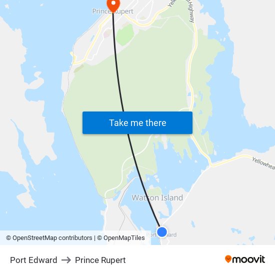 Port Edward to Prince Rupert map