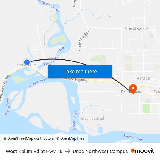 West Kalum Rd at Hwy 16 to Unbc Northwest Campus map