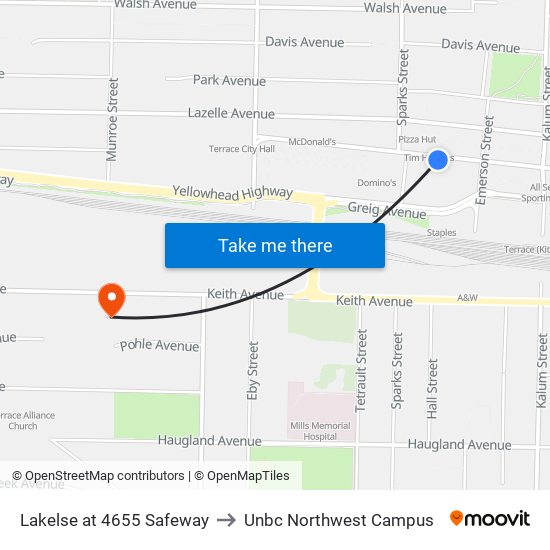 Lakelse at 4655 Safeway to Unbc Northwest Campus map