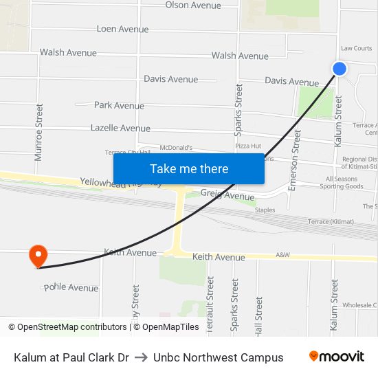 Kalum at Paul Clark Dr to Unbc Northwest Campus map