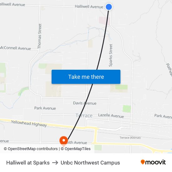 Halliwell at Sparks to Unbc Northwest Campus map