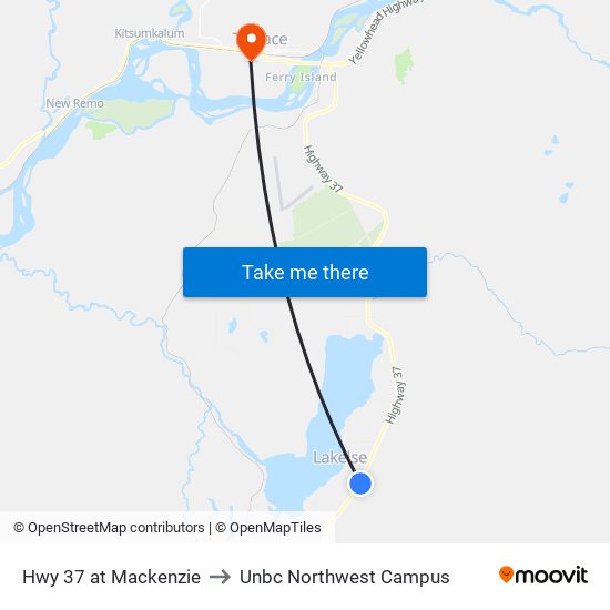 Hwy 37 at Mackenzie to Unbc Northwest Campus map