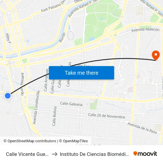 Calle Vicente Guerrero, 318 to Instituto De Ciencias Biomédicas (Icb - Uacj) map