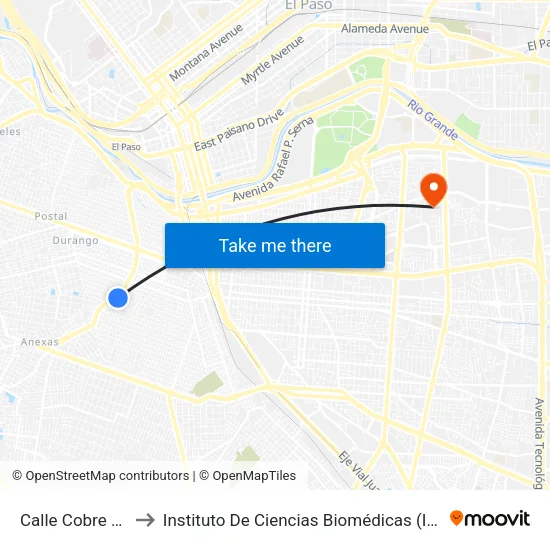 Calle Cobre 1225 to Instituto De Ciencias Biomédicas (Icb - Uacj) map