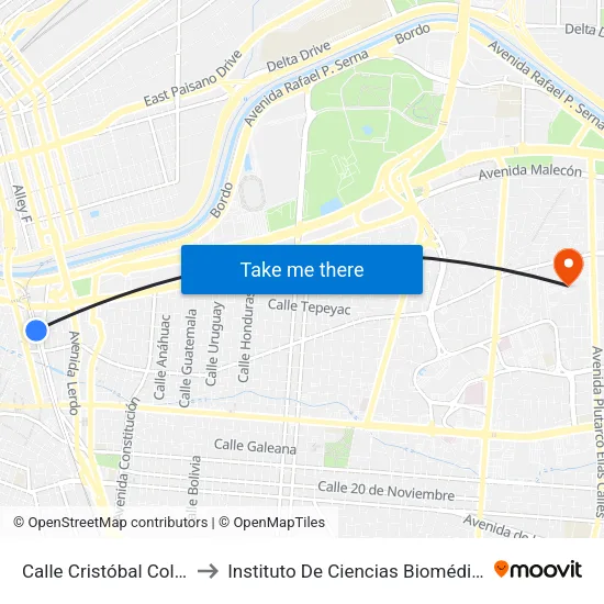 Calle Cristóbal Colón Oriente to Instituto De Ciencias Biomédicas (Icb - Uacj) map