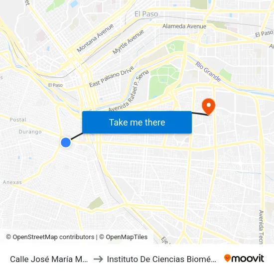 Calle José María Morelos 1317 to Instituto De Ciencias Biomédicas (Icb - Uacj) map