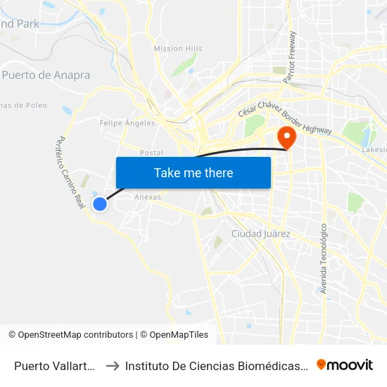 Puerto Vallarta 2781 to Instituto De Ciencias Biomédicas (Icb - Uacj) map