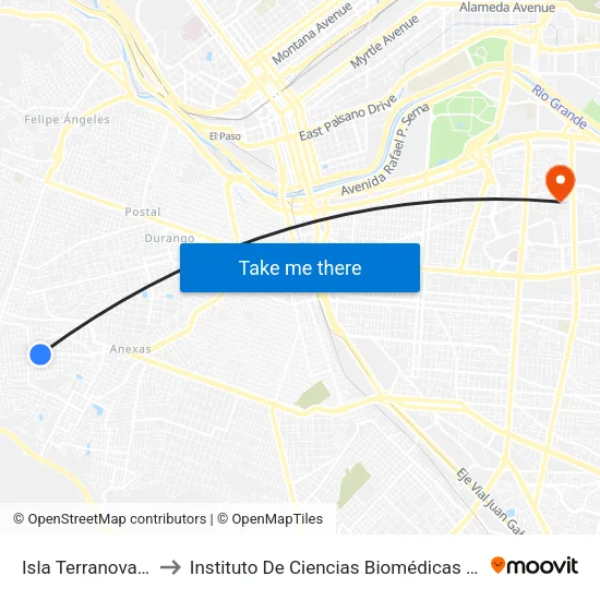 Isla Terranova 5303 to Instituto De Ciencias Biomédicas (Icb - Uacj) map