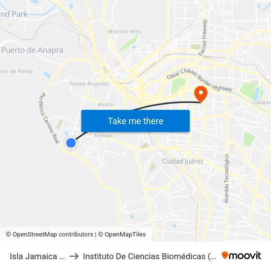 Isla Jamaica 4134 to Instituto De Ciencias Biomédicas (Icb - Uacj) map