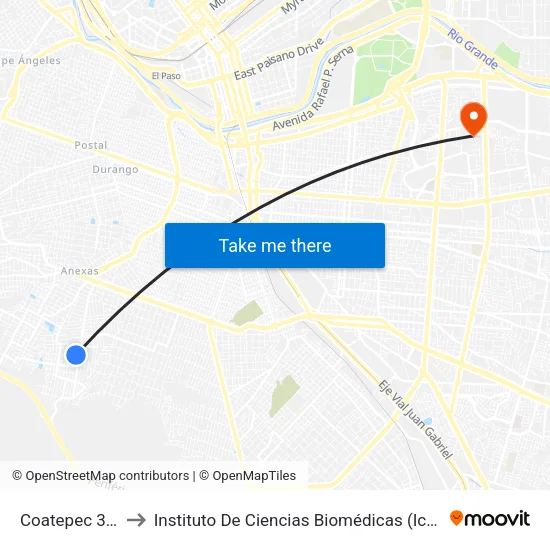 Coatepec 3919 to Instituto De Ciencias Biomédicas (Icb - Uacj) map