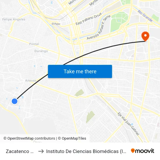 Zacatenco 4323 to Instituto De Ciencias Biomédicas (Icb - Uacj) map