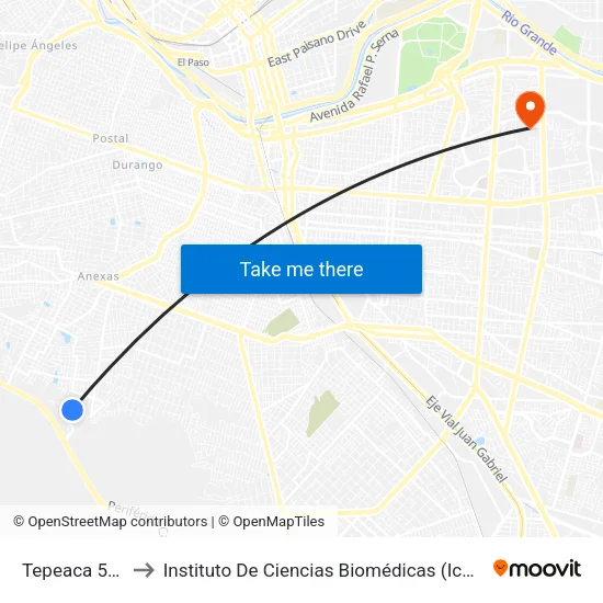 Tepeaca 5102 to Instituto De Ciencias Biomédicas (Icb - Uacj) map