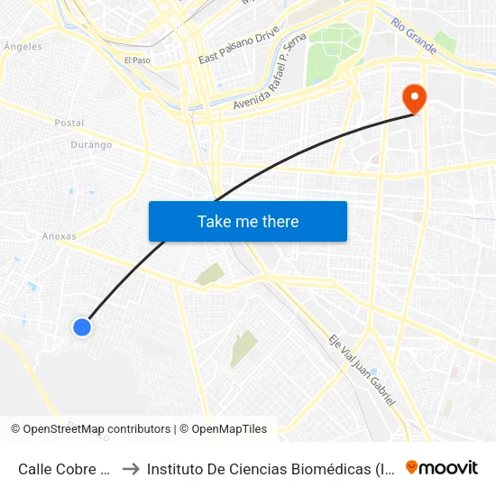 Calle Cobre 4361 to Instituto De Ciencias Biomédicas (Icb - Uacj) map