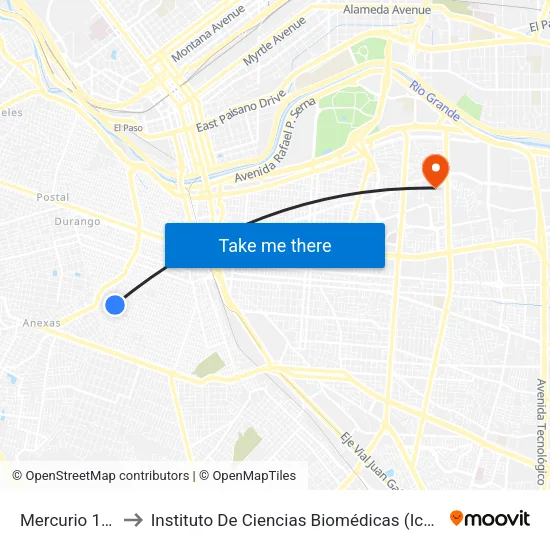 Mercurio 1929 to Instituto De Ciencias Biomédicas (Icb - Uacj) map