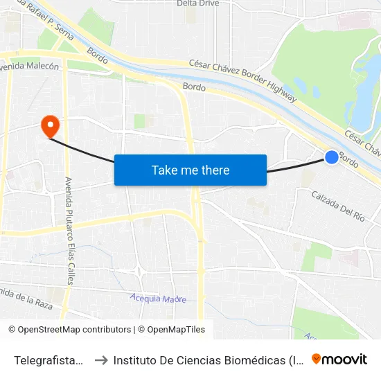 Telegrafistas 744 to Instituto De Ciencias Biomédicas (Icb - Uacj) map