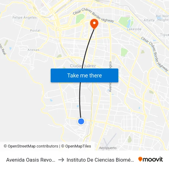Avenida Oasis Revolución, 1645 to Instituto De Ciencias Biomédicas (Icb - Uacj) map
