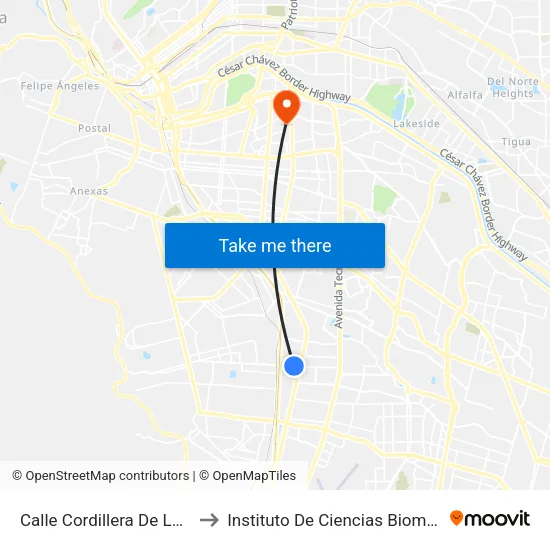 Calle Cordillera De Los Andes, 6023 to Instituto De Ciencias Biomédicas (Icb - Uacj) map