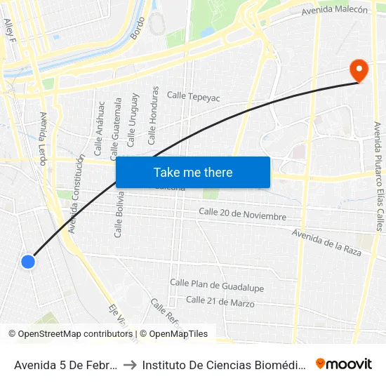 Avenida 5 De Febrero, 1460 to Instituto De Ciencias Biomédicas (Icb - Uacj) map