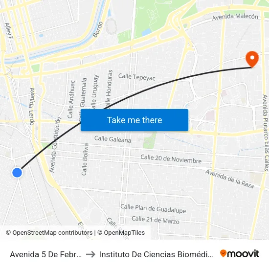 Avenida 5 De Febrero, 1060 to Instituto De Ciencias Biomédicas (Icb - Uacj) map