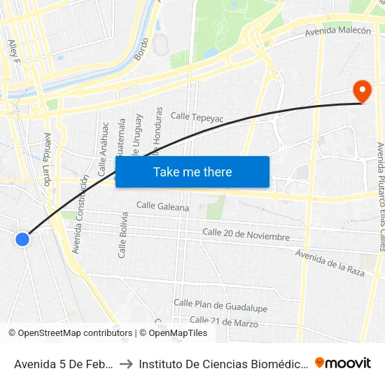 Avenida 5 De Febrero, 872 to Instituto De Ciencias Biomédicas (Icb - Uacj) map
