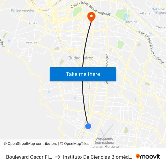 Boulevard Oscar Flores, 1300 to Instituto De Ciencias Biomédicas (Icb - Uacj) map
